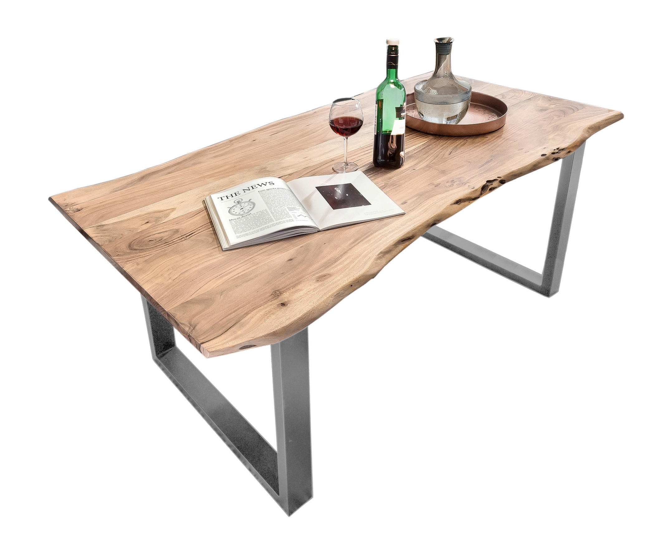ESSTISCH 160/85/76 cm Echtholz  Holz, Metall rechteckig Naturfarben, Silberfarben  - Silberfarben/Naturfarben, MODERN, Holz/Metall (160/85/76cm) - MID.YOU