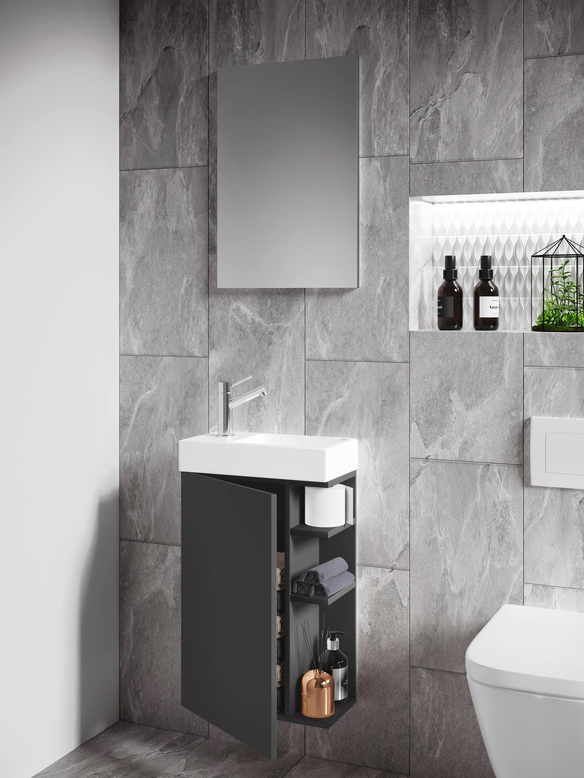 GÄSTBADRUM 40 cm  - vit/antracit, Modern, trämaterial/glas (40cm) - MID.YOU