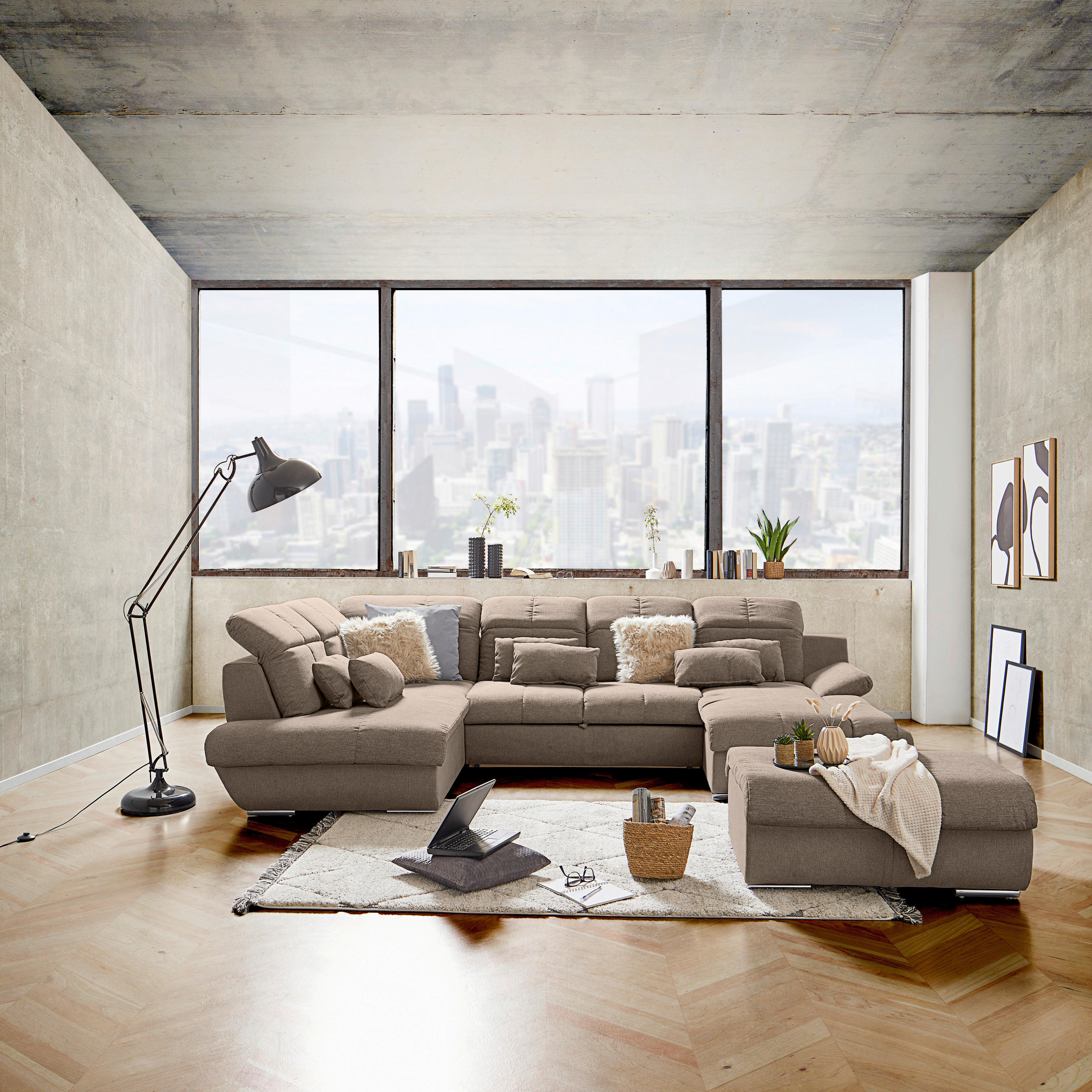 WOHNLANDSCHAFT Beige Mikrofaser  - Chromfarben/Beige, MODERN, Textil/Metall (228/345/184cm) - MID.YOU