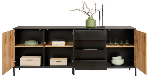 SIDEBOARD  in 205,8/81/38 cm  - Eiche Wotan/Schwarz, KONVENTIONELL, Glas/Holzwerkstoff (205,8/81/38cm) - Xora