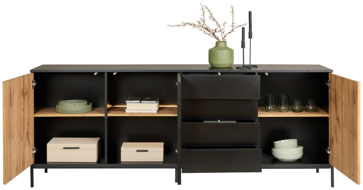 SIDEBOARD  in 205,8/81/38 cm  - Eiche Wotan/Schwarz, KONVENTIONELL, Glas/Holzwerkstoff (205,8/81/38cm) - Xora