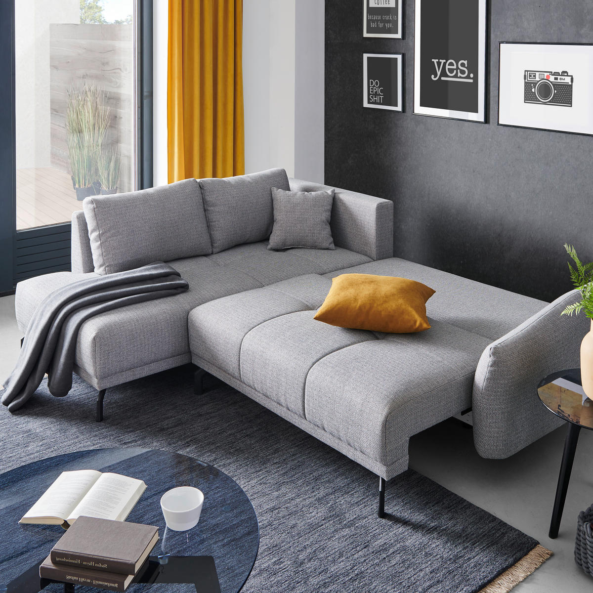ECKSOFA Hellgrau Samt  - Hellgrau/Schwarz, LIFESTYLE, Textil/Metall (191/250cm) - Carryhome