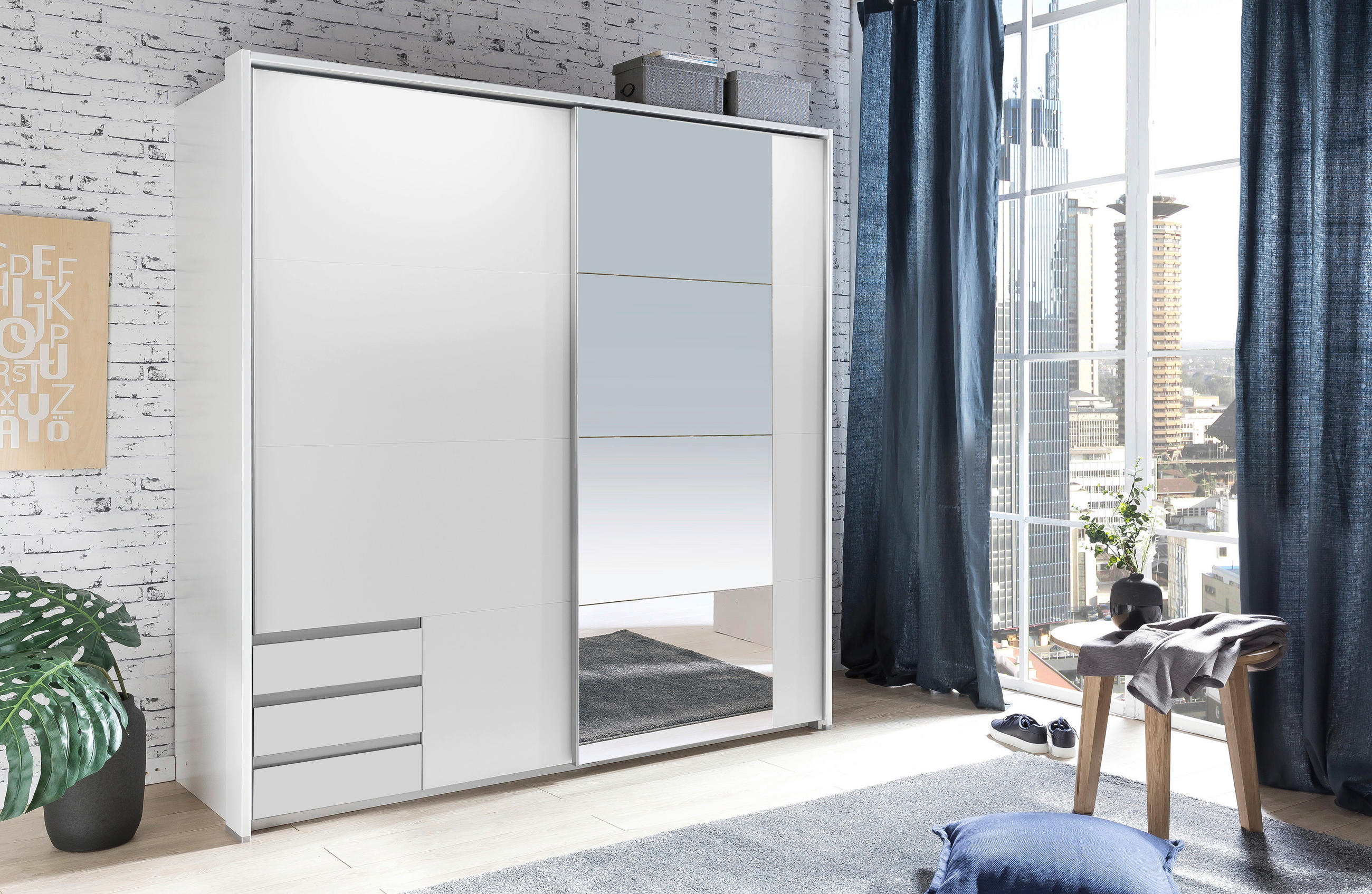 SCHWEBETÜRENSCHRANK 179/198/64 cm 2-türig Weiß  - Alufarben/Weiß, Design, Glas/Holzwerkstoff (179/198/64cm) - Boxxx