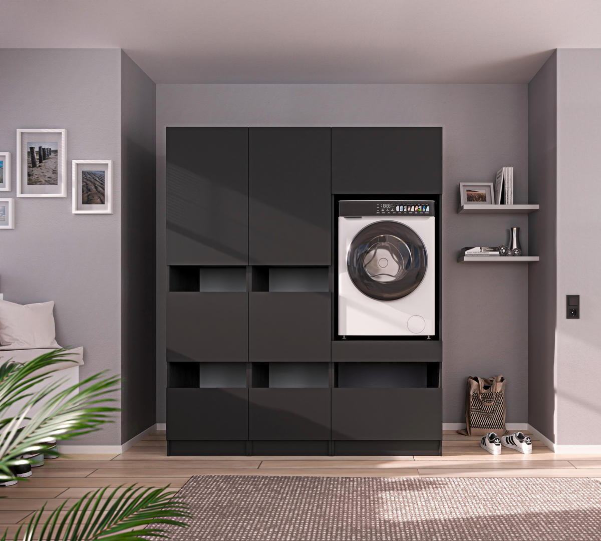 WASCHMASCHINENSCHRANK 68/200/68 cm  in Anthrazit  - Anthrazit/Schwarz, Design, Holzwerkstoff/Metall (68/200/68cm) - Milino