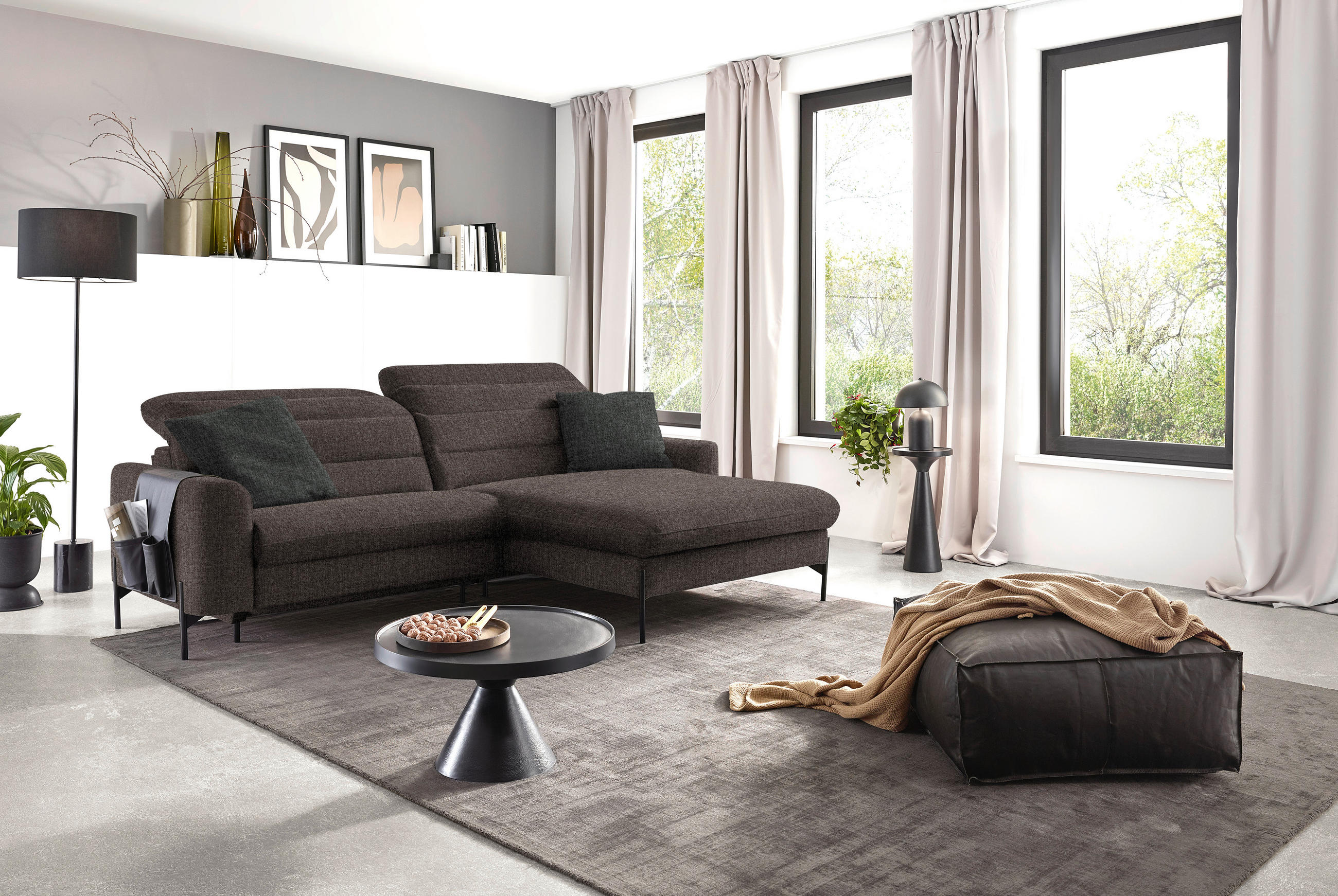 ECKSOFA in Flachgewebe Graubraun  - Graubraun/Schwarz, Design, Textil/Metall (252/191cm) - Dieter Knoll