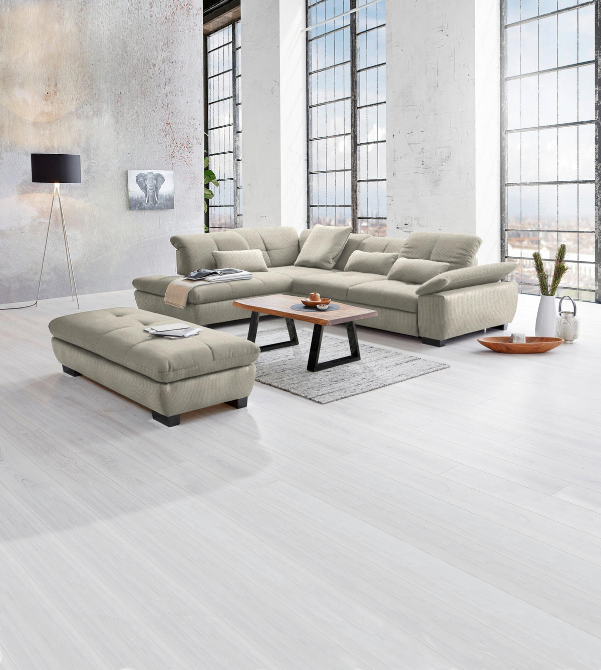 ECKSOFA in Flachgewebe Ecru  - Ecru/Schwarz, Design, Textil/Metall (242/313cm) - Xora