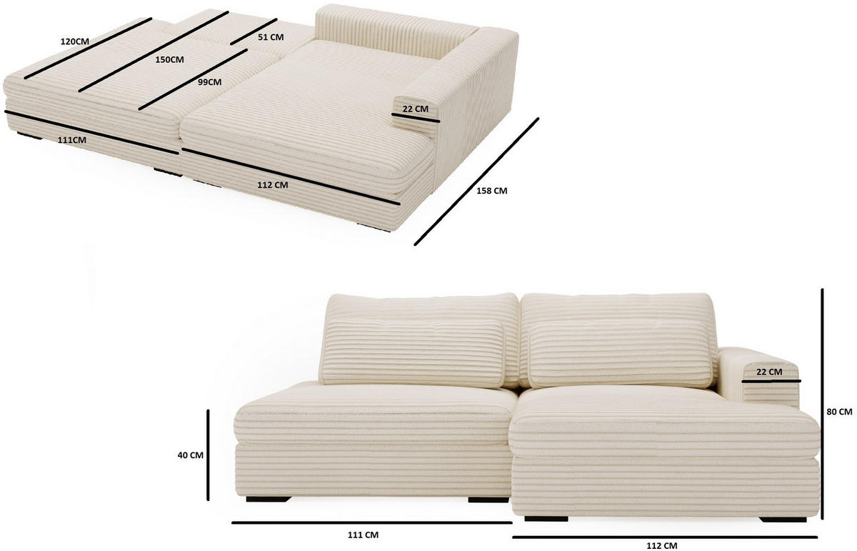 ECKSOFA Hellbraun Cord  - Hellbraun/Schwarz, Design, Kunststoff/Textil (158/223cm) - home24