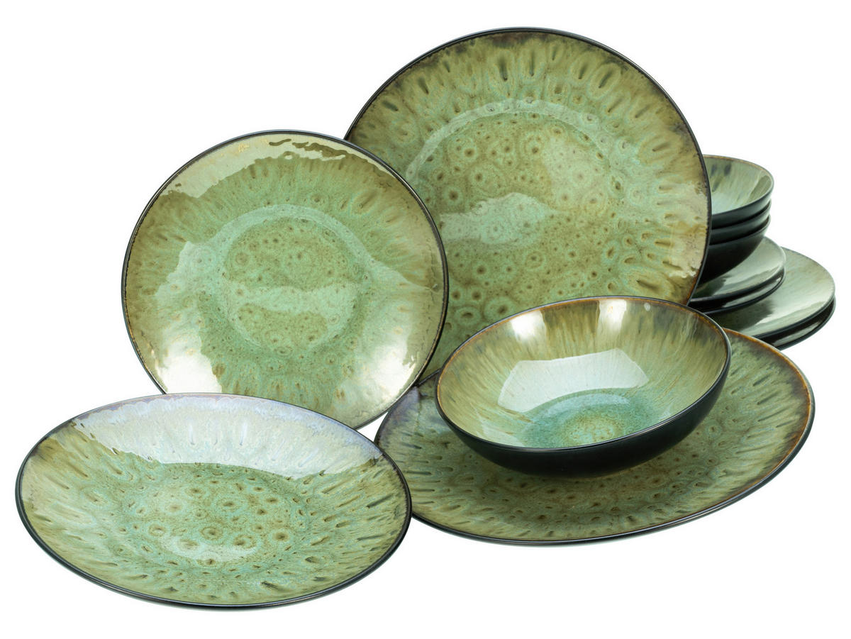 TAFELSERVICE Jawa 12-teilig  - Schwarz/Grün, Basics, Keramik - Creatable