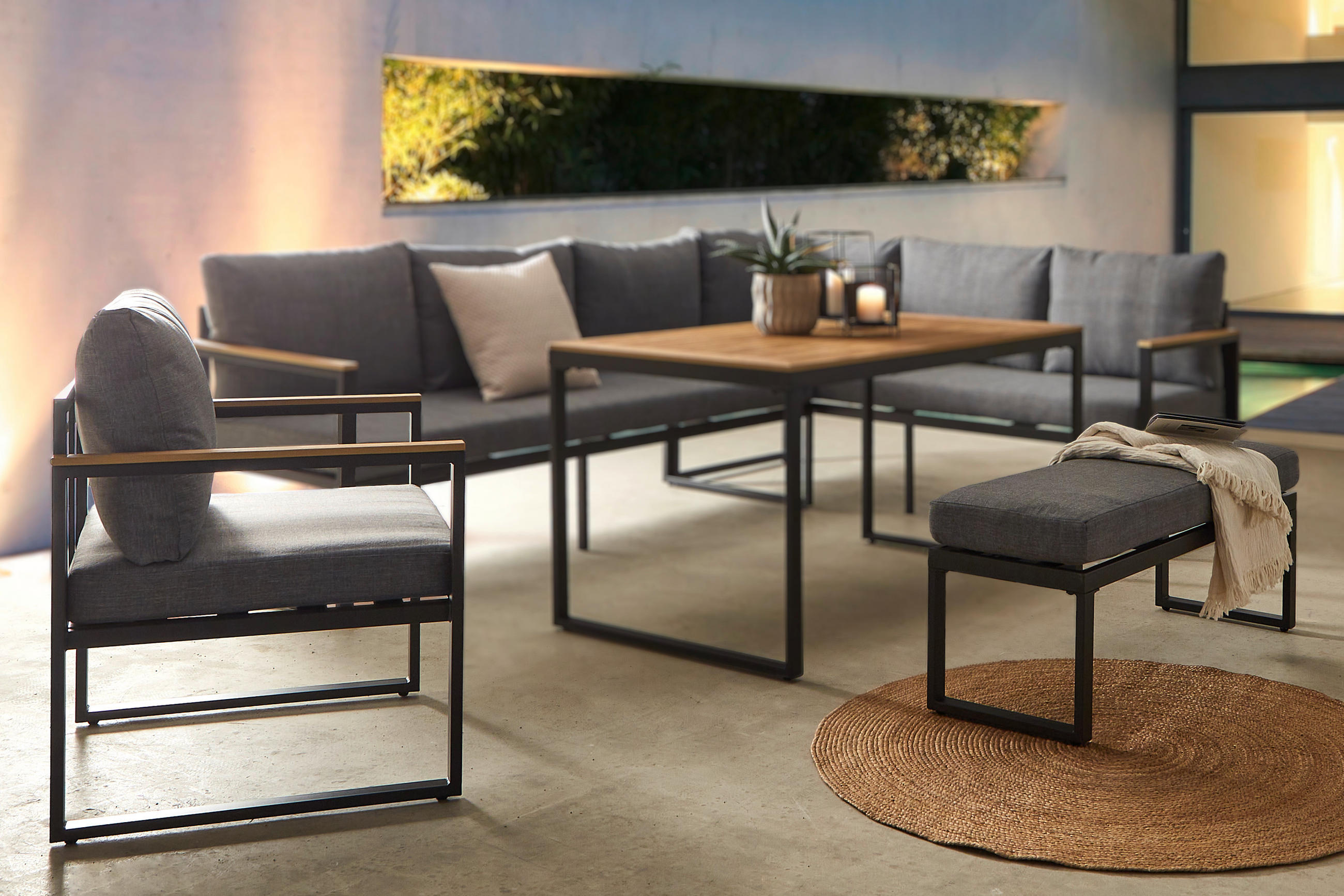 DINING-LOUNGESET Grau, Naturfarben, Dunkelgrau Stahl - Dunkelgrau/Naturfarben, MODERN, Kunststoff/Textil - Ambia Garden