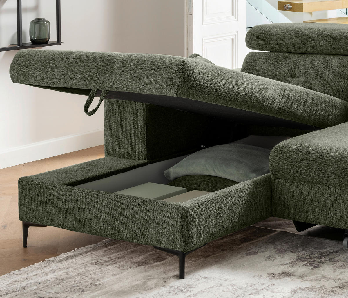 ECKSOFA Chenille Dunkelgrün  - Dunkelgrün/Schwarz, Basics, Textil/Metall (186/270cm) - Livetastic