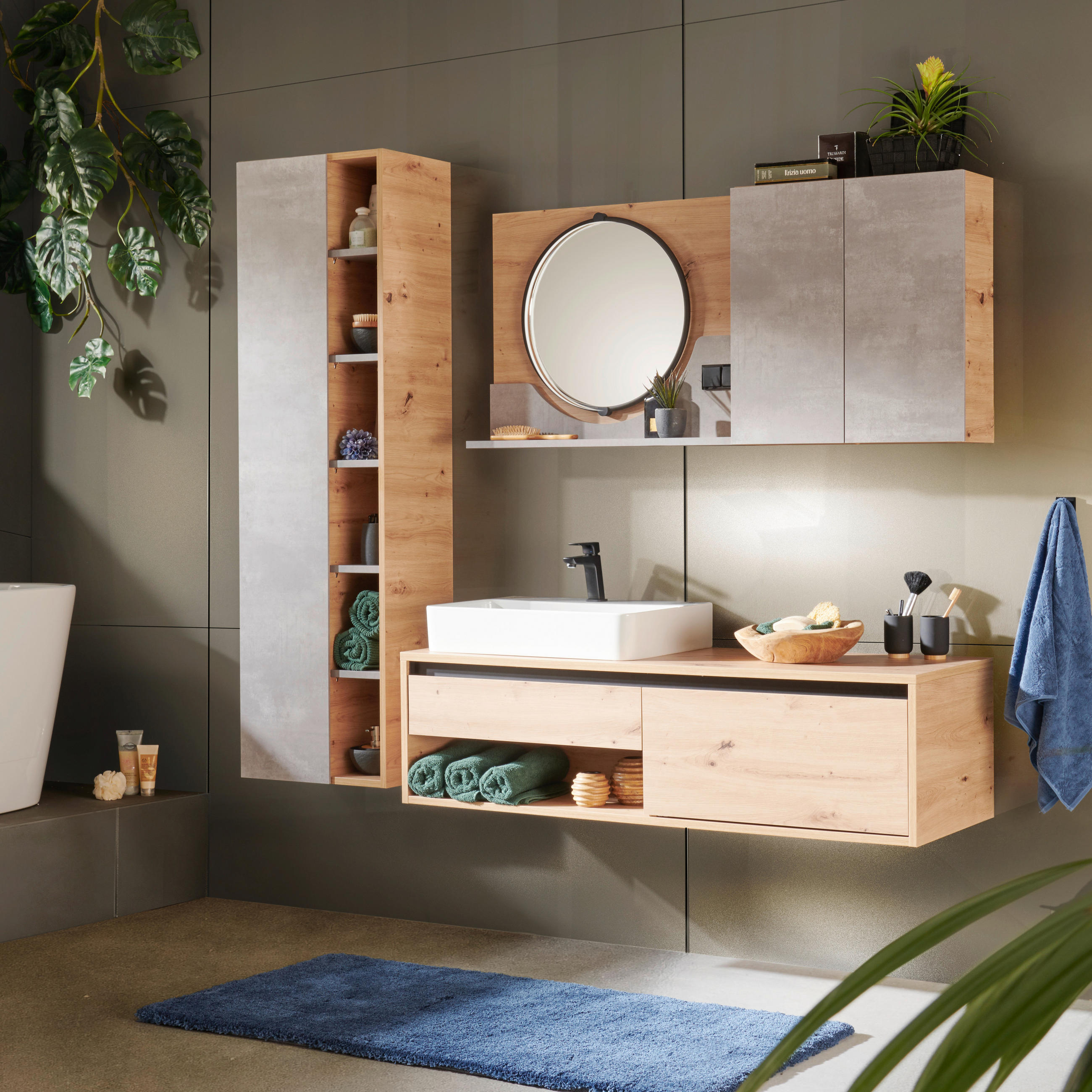 HOCHSCHRANK 47,5/165/32 cm  - Eichefarben/Grau, MODERN, Glas/Holzwerkstoff (47,5/165/32cm) - Moderano