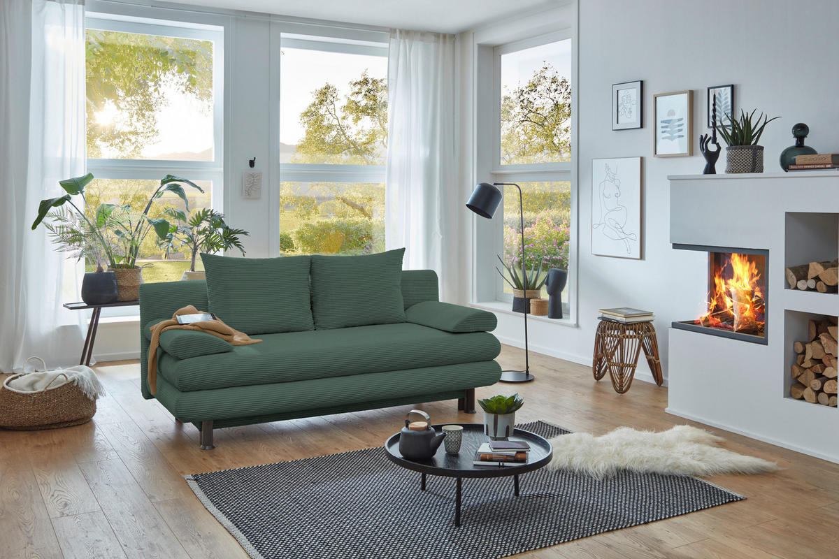 SCHLAFSOFA Cord Grün  inkl. Rückenkissen, Armlehnenkissen, Bettkasten, Schlaffunktion, Rücken echt, Liegefläche im Originalstoff  - Schwarz/Grün, KONVENTIONELL, Kunststoff/Textil (196/77/92cm) - Carryhome