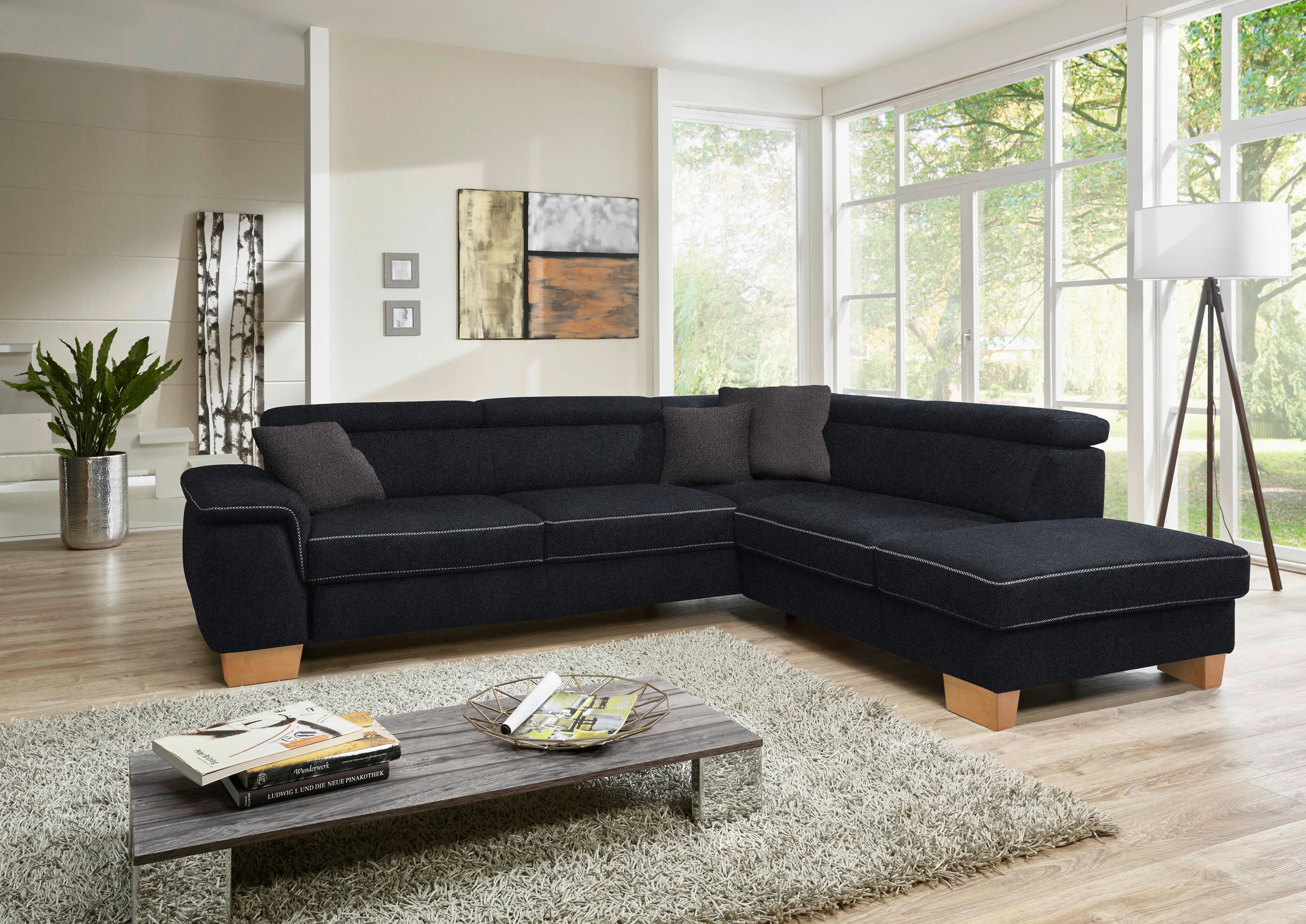 ECKSOFA in Mikrofaser Schwarz  - Eichefarben/Beige, Natur, Holz/Textil (273/226cm) - Beldomo System
