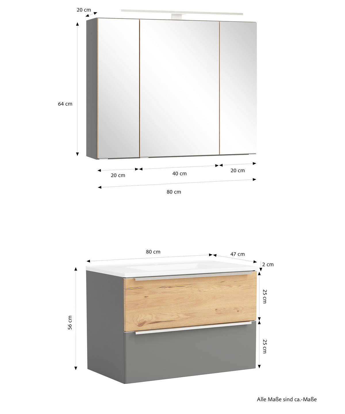 BADEZIMMER 2-teilig  in 80 cm  - Wildeiche/Edelstahlfarben, Trend, Glas/Holzwerkstoff (80cm) - Held