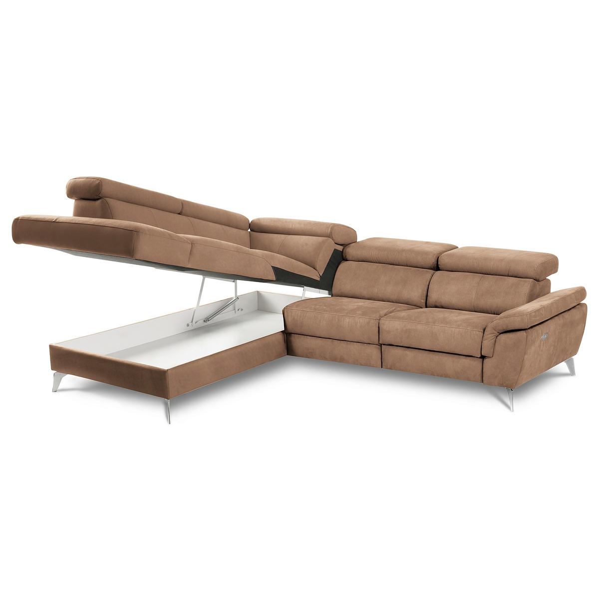 ECKSOFA SONO in Lederlook Hellbraun Bettkasten, Armteilverstellung, Kopfteilverstellung  210/265 cm  - Chromfarben/Hellbraun, Design, Textil/Metall (210/265cm) - Livetastic