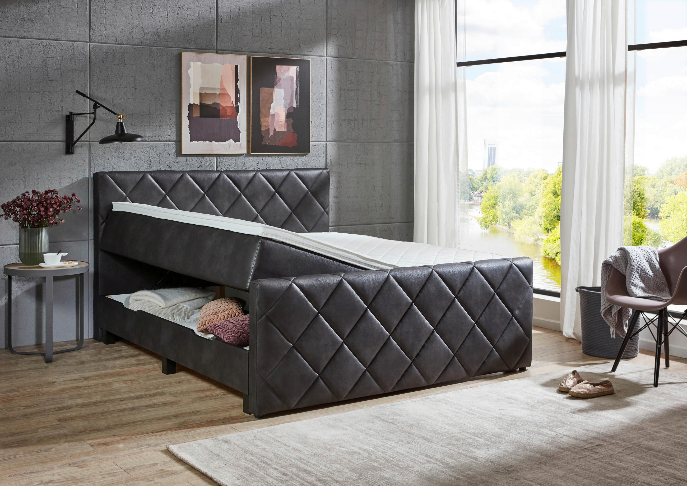 BOXSPRINGBETT 180/200 cm  in Anthrazit  - Anthrazit/Schwarz, Konventionell, Kunststoff/Textil (180/200cm) - home24