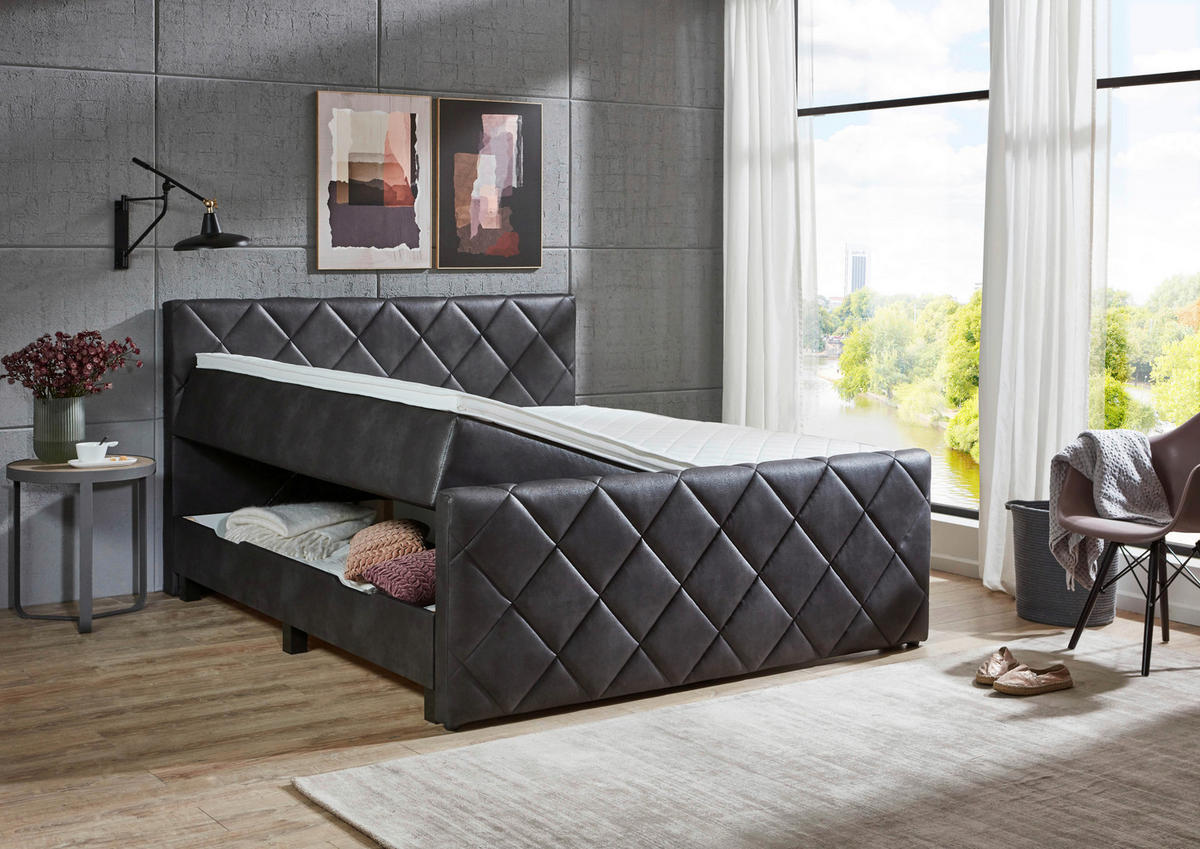 BOXSPRINGBETT 180/200 cm  in Anthrazit  - Anthrazit/Schwarz, KONVENTIONELL, Kunststoff/Textil (180/200cm) - home24