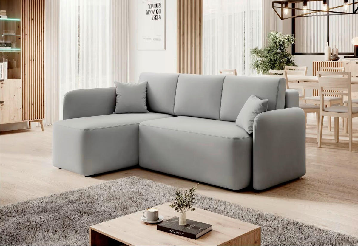 ECKSOFA Hellgrau Plüsch  - Hellgrau/Schwarz, Design, Kunststoff/Textil (150/206cm) - MID.YOU