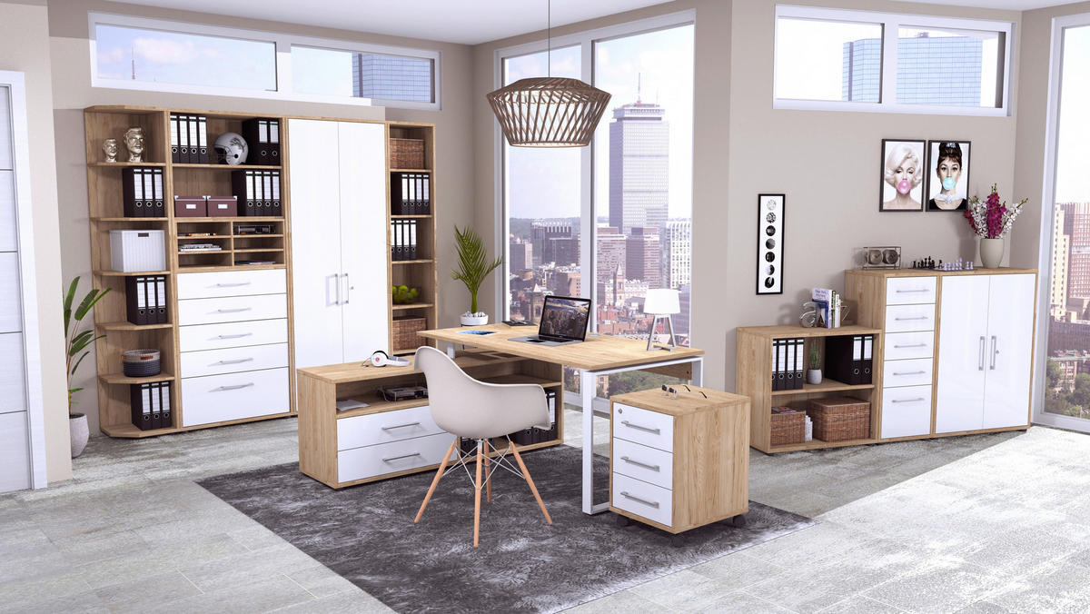 ECKSCHREIBTISCH 160/158/75 cm  in Weiß, Hickory  - Weiß Hochglanz/Anthrazit, Basics, Holzwerkstoff/Metall (160/158/75cm) - Novel