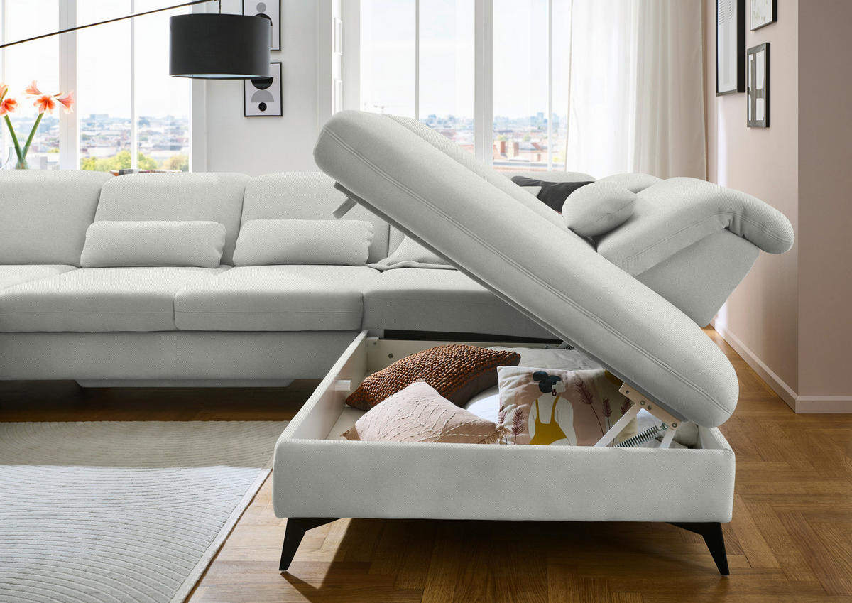 WOHNLANDSCHAFT Chenille Ecru  - Ecru/Schwarz, Design, Textil/Metall (198/364/255cm) - Beldomo Style