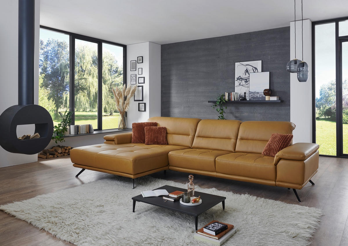 ECKSOFA Echtleder Currygelb  - Currygelb/Schwarz, Konventionell, Leder/Metall (193/343cm) - Beldomo Premium