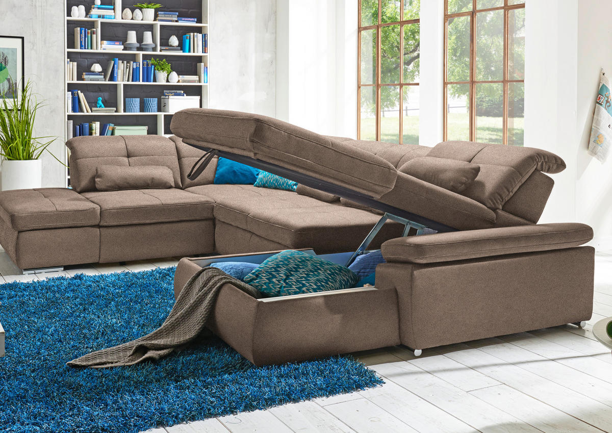 WOHNLANDSCHAFT  in Mikrofaser Sandfarben  - Sandfarben/Chromfarben, Design, Holzwerkstoff/Textil (260/371/195cm) - Beldomo Style