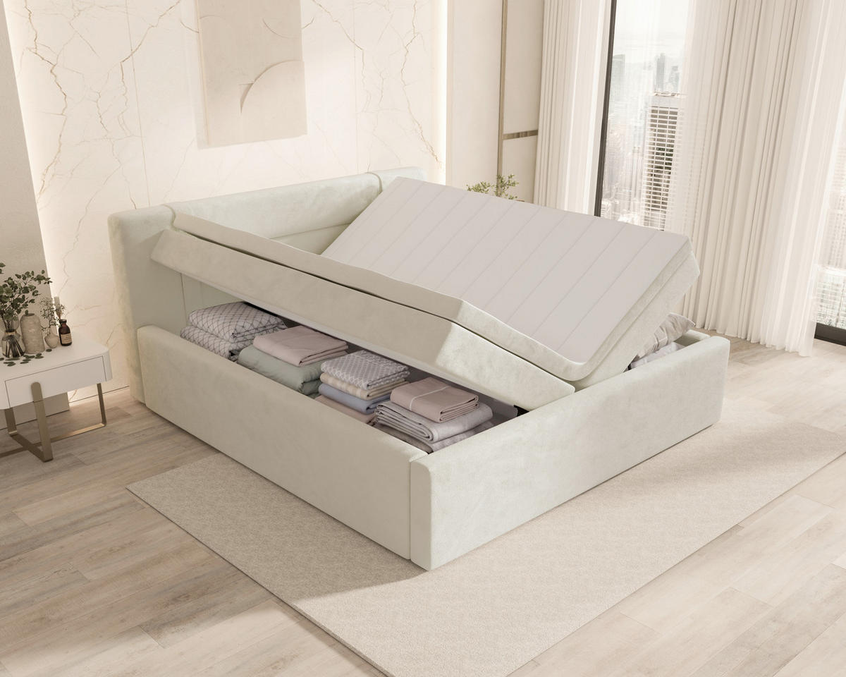 BOXBETT 200/200 cm,  in Beige, Bettkasten, Topper, H2 = mittel  - Beige, MODERN, Textil (200/200cm) - MID.YOU