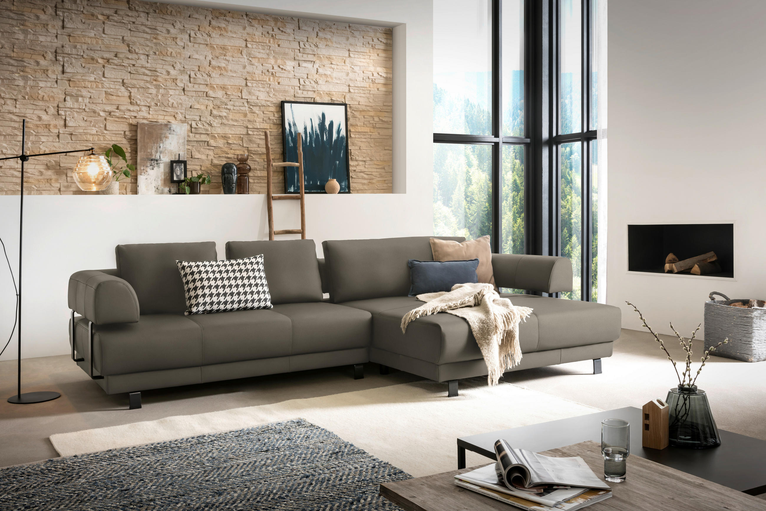 ECKSOFA in Echtleder Graubraun  - Graubraun/Schwarz, Design, Leder/Metall (307/188cm)
