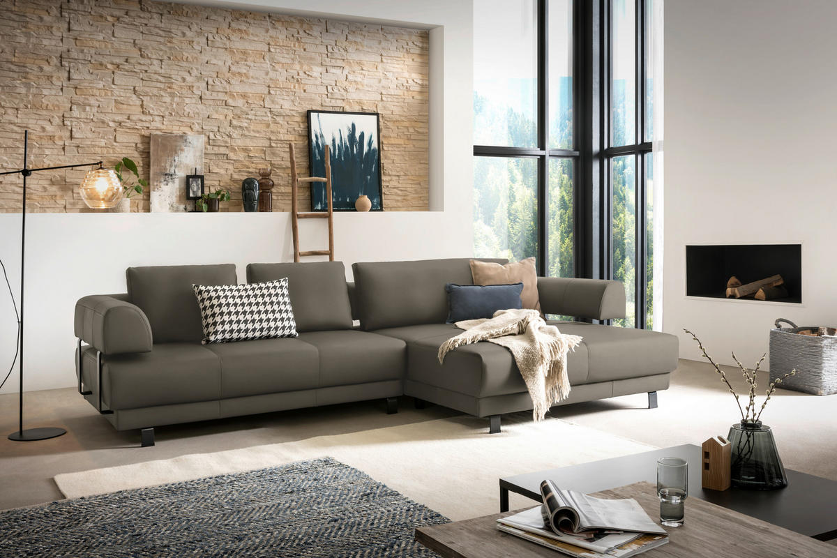ECKSOFA in Echtleder Graubraun  - Graubraun/Schwarz, Design, Leder/Metall (307/188cm)