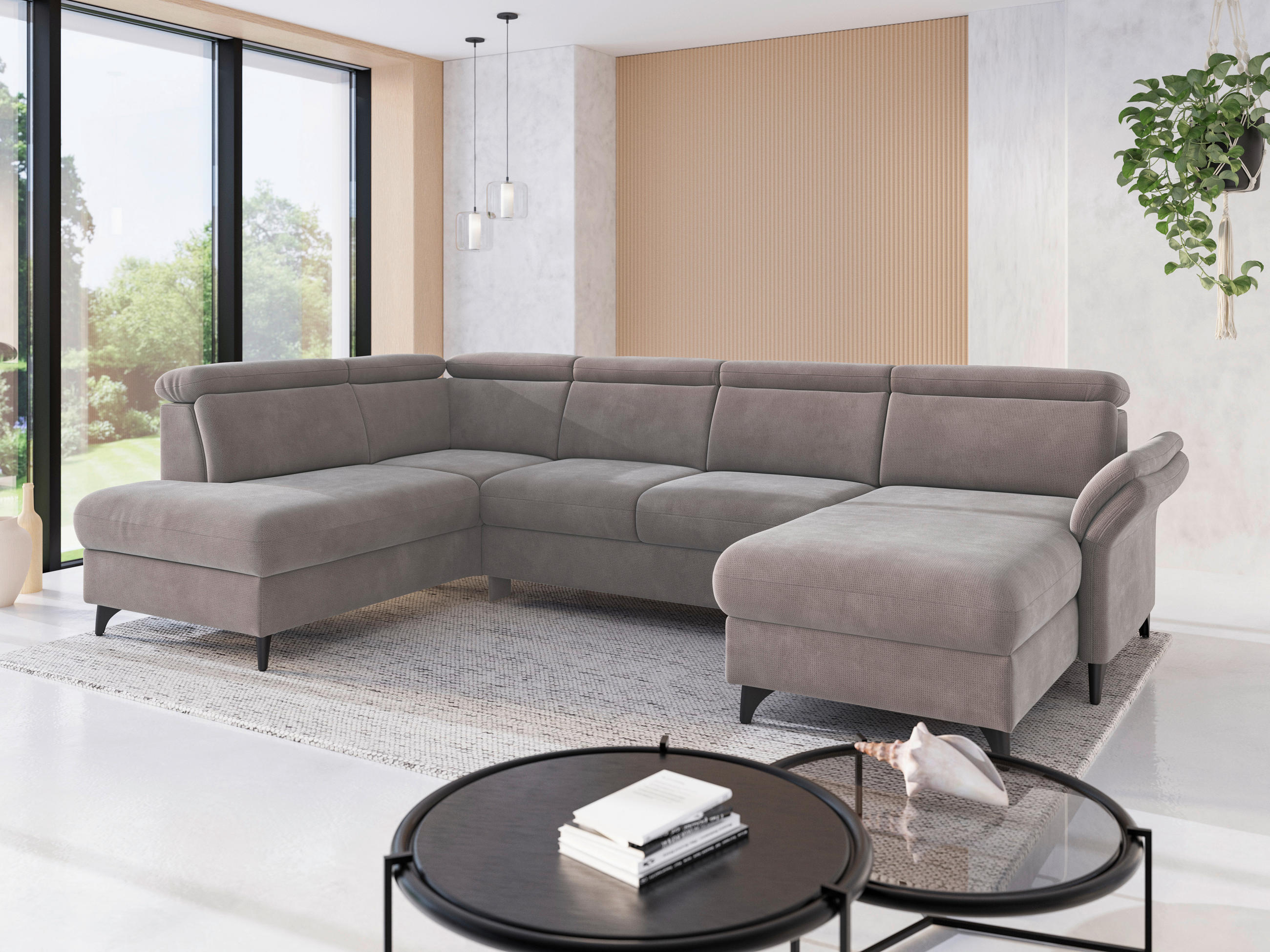 WOHNLANDSCHAFT GLENDALE E in Flachgewebe Taupe  - Taupe/Schwarz, KONVENTIONELL, Textil/Metall (193/321/166cm) - Sit & More