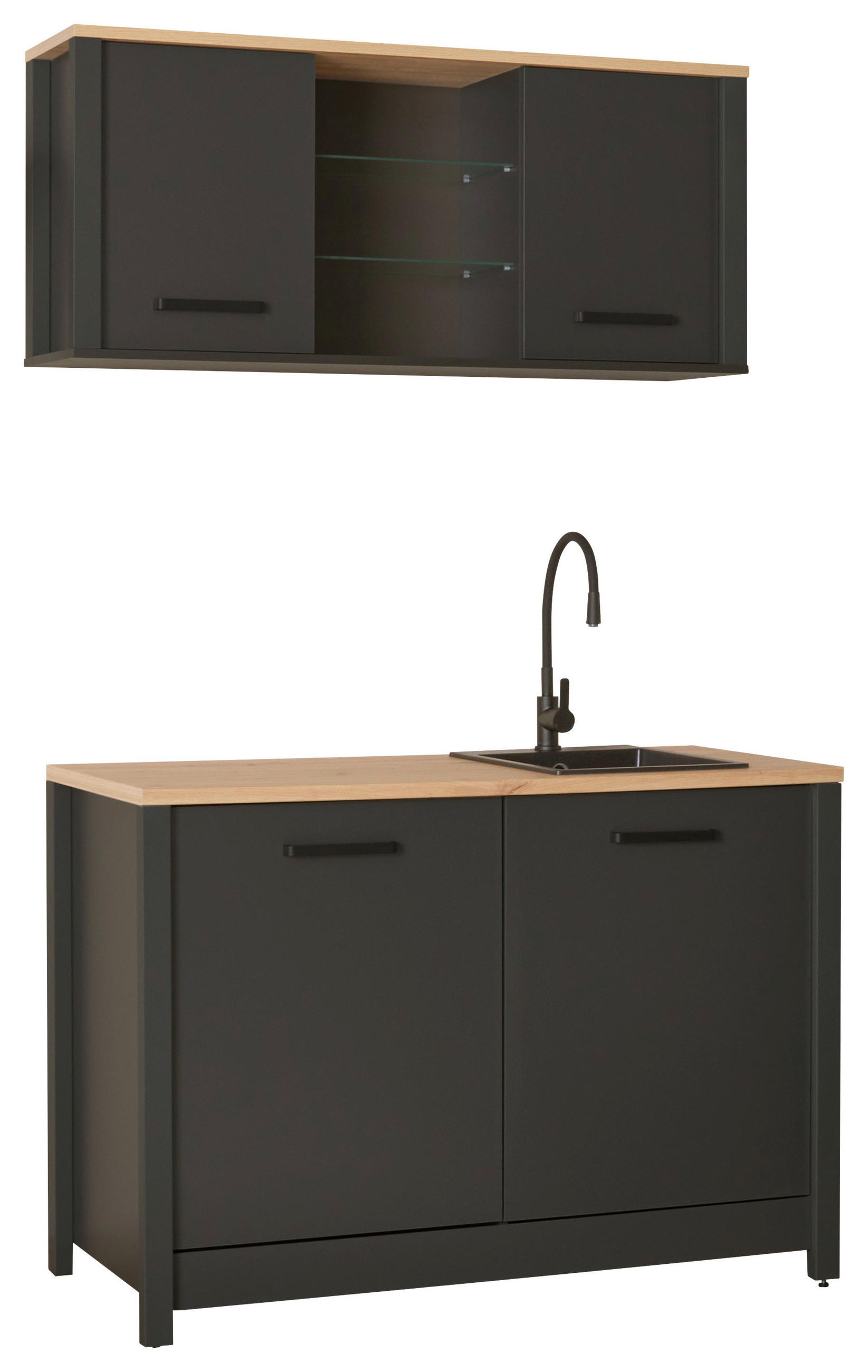 MINIKÜCHE  130/92/60 cm  in Anthrazit, Eiche Artisan  - Anthrazit/Schwarz, MODERN, Glas/Holzwerkstoff (130/92/60cm) - home24