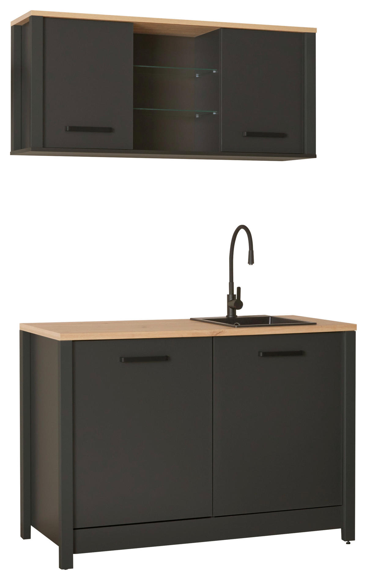 MINIKÜCHE   in Anthrazit, Eiche Artisan  - Anthrazit/Schwarz, MODERN, Glas/Holzwerkstoff (130/92/60cm) - home24