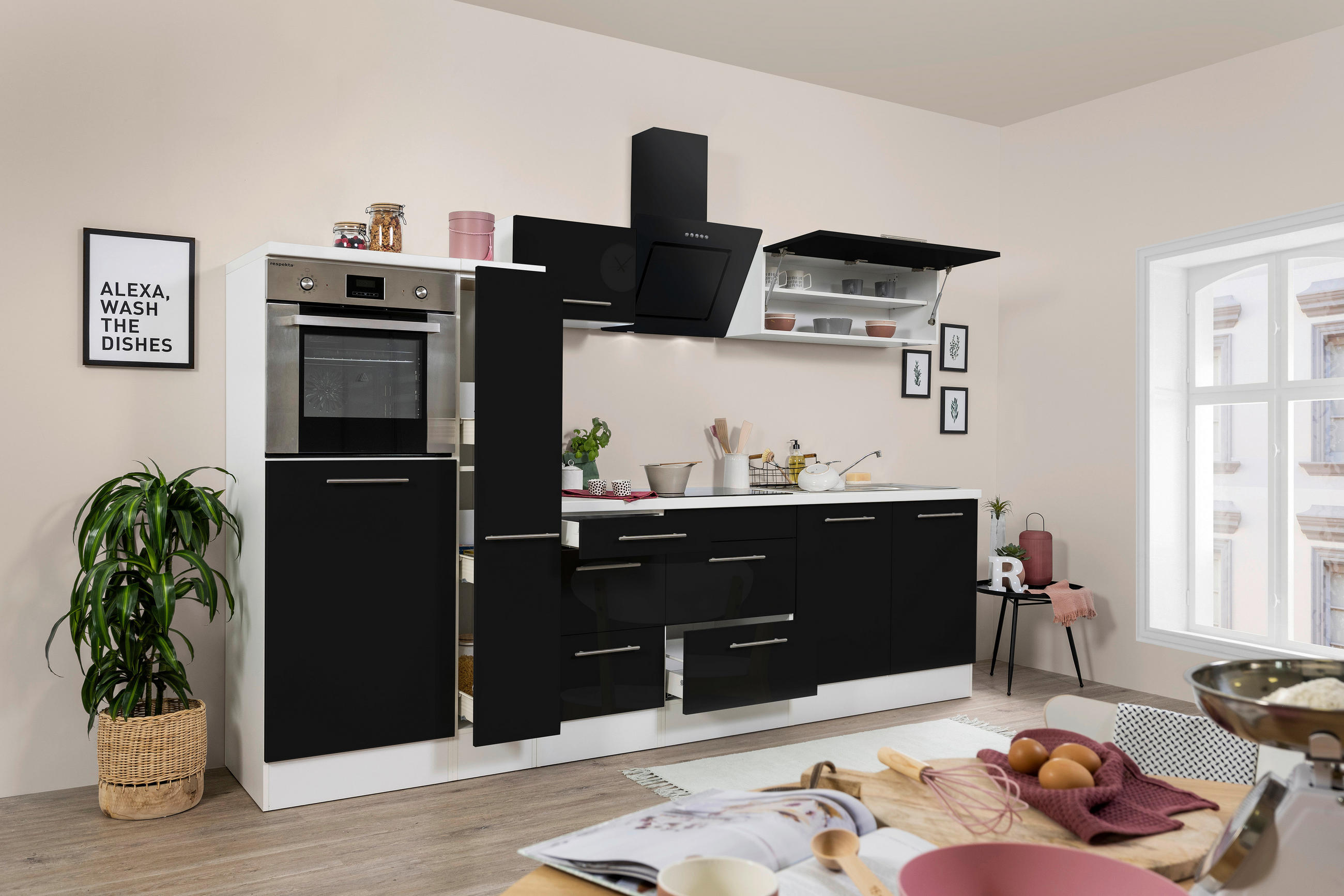 KÜCHENBLOCK 300 cm in Schwarz, Weiß - Edelstahlfarben/Schwarz, KONVENTIONELL, Metall (300cm) - Respekta
