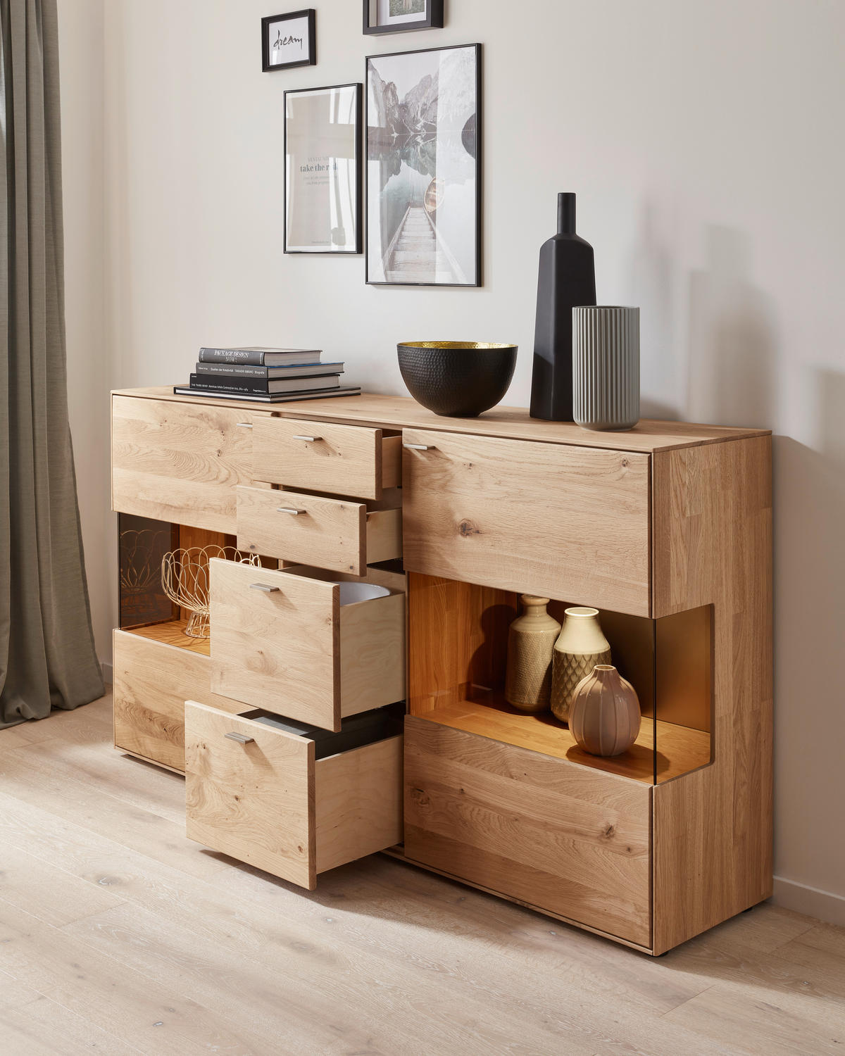 SIDEBOARD Venturo  in 183/100,2/40,9 cm  - Edelstahlfarben/Eichefarben, KONVENTIONELL, Glas/Holz (183/100,2/40,9cm) - Valnatura