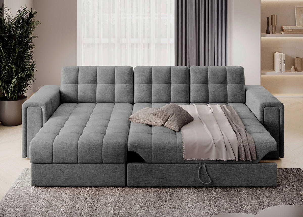 ECKSOFA Samt Grau  - Schwarz/Grau, Design, Kunststoff/Textil (260/150cm) - MID.YOU