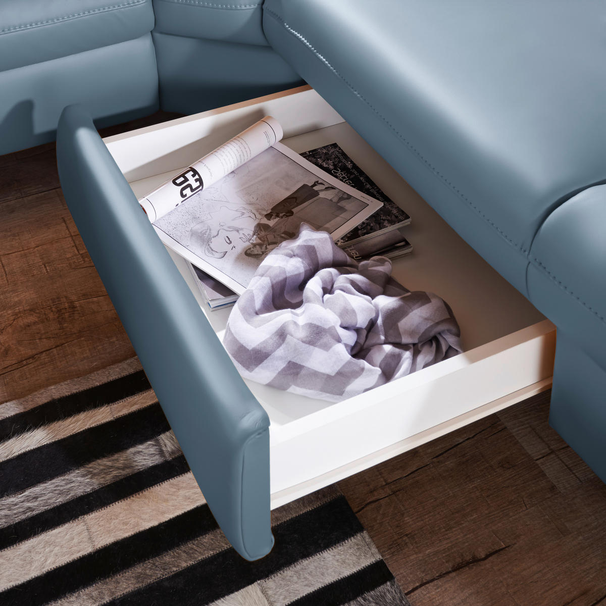 ECKSOFA in Echtleder Blau  271/239 cm  - Blau/Alufarben, Design, Leder/Metall (271/239cm) - Cantus