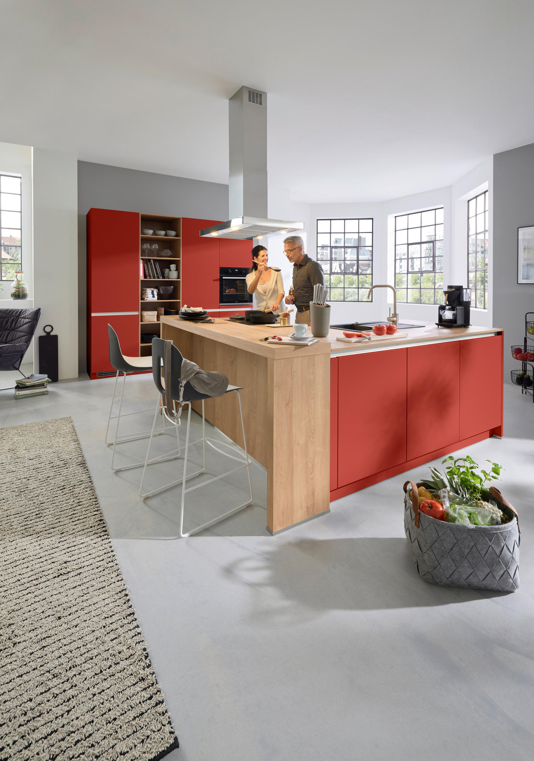 EINBAUKÜCHE   - Eichefarben/Rot, Design, Holzwerkstoff - Novel