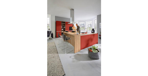 EINBAUKÜCHE - Eichefarben/Rot, Design, Holzwerkstoff - Novel