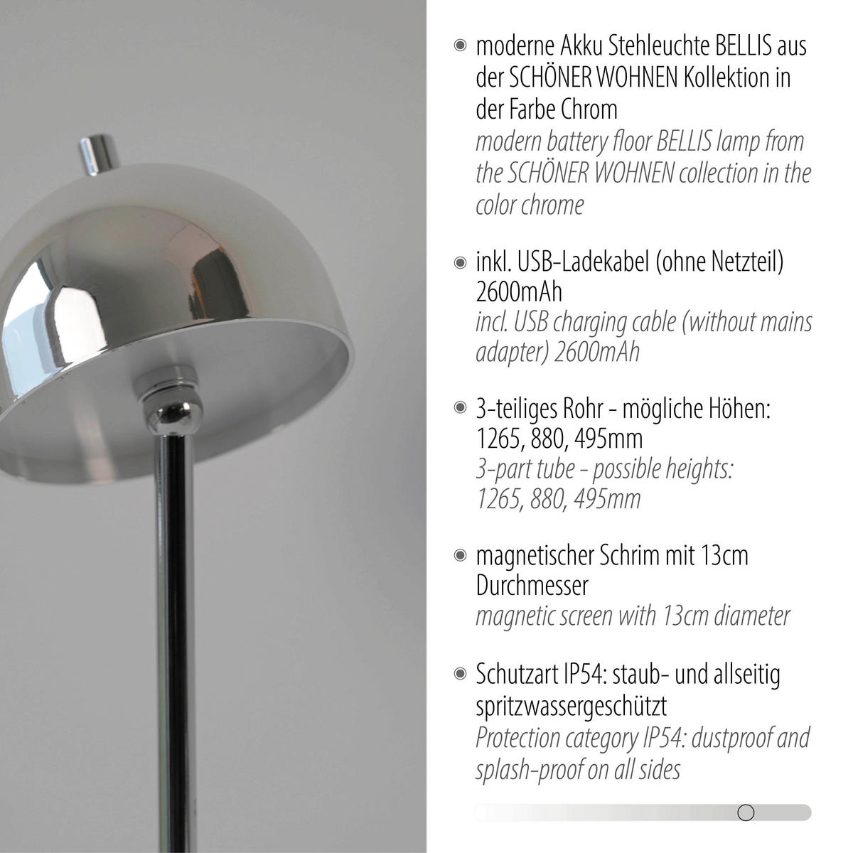 AKKU-STEHLEUCHTE 18/18/126 cm    - Chromfarben, Design, Kunststoff/Metall (18/18/126cm) - Schöner Wohnen
