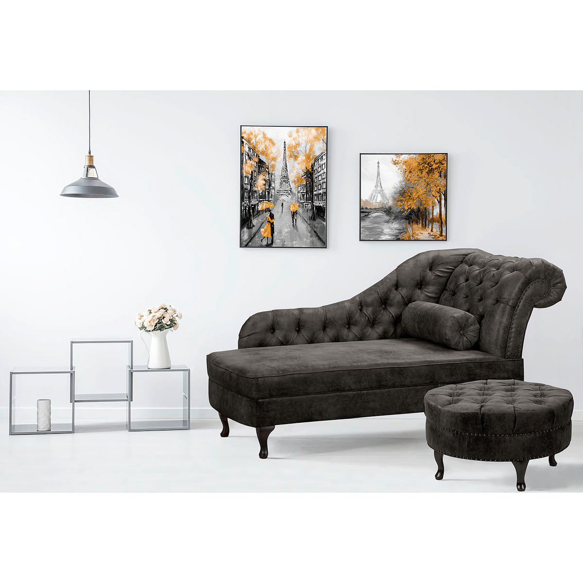 RÉCAMIERE Lederlook Grau  - Braun/Grau, Design, Holz/Textil (185/93/75cm) - Livetastic