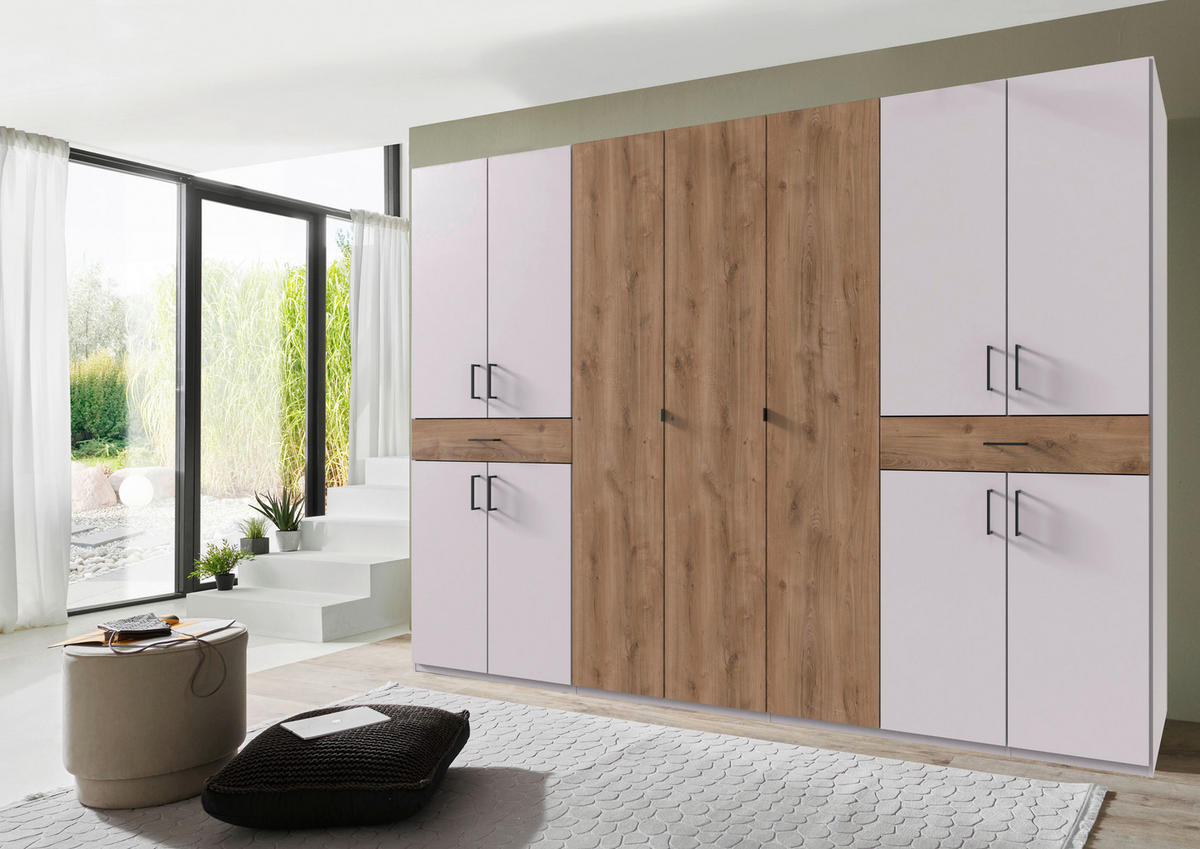 DREHTÜRENSCHRANK  in Weiß, Plankeneiche  - Plankeneiche/Schwarz, KONVENTIONELL, Holzwerkstoff/Kunststoff (313/208/58cm) - Carryhome