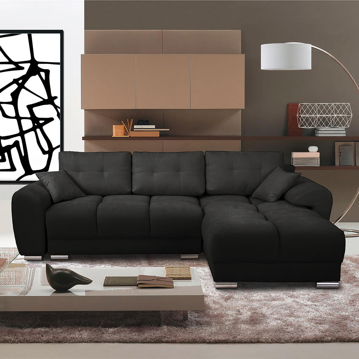 ECKSOFA in Mikrofaser Schwarz  - Silberfarben/Schwarz, Design, Textil/Metall (256/175cm) - Livetastic