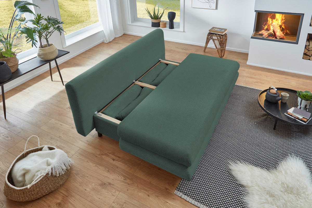 SCHLAFSOFA Cord Grün  inkl. Rückenkissen, Armlehnenkissen, Bettkasten, Schlaffunktion, Rücken echt, Liegefläche im Originalstoff  - Schwarz/Grün, KONVENTIONELL, Kunststoff/Textil (196/77/92cm) - Carryhome