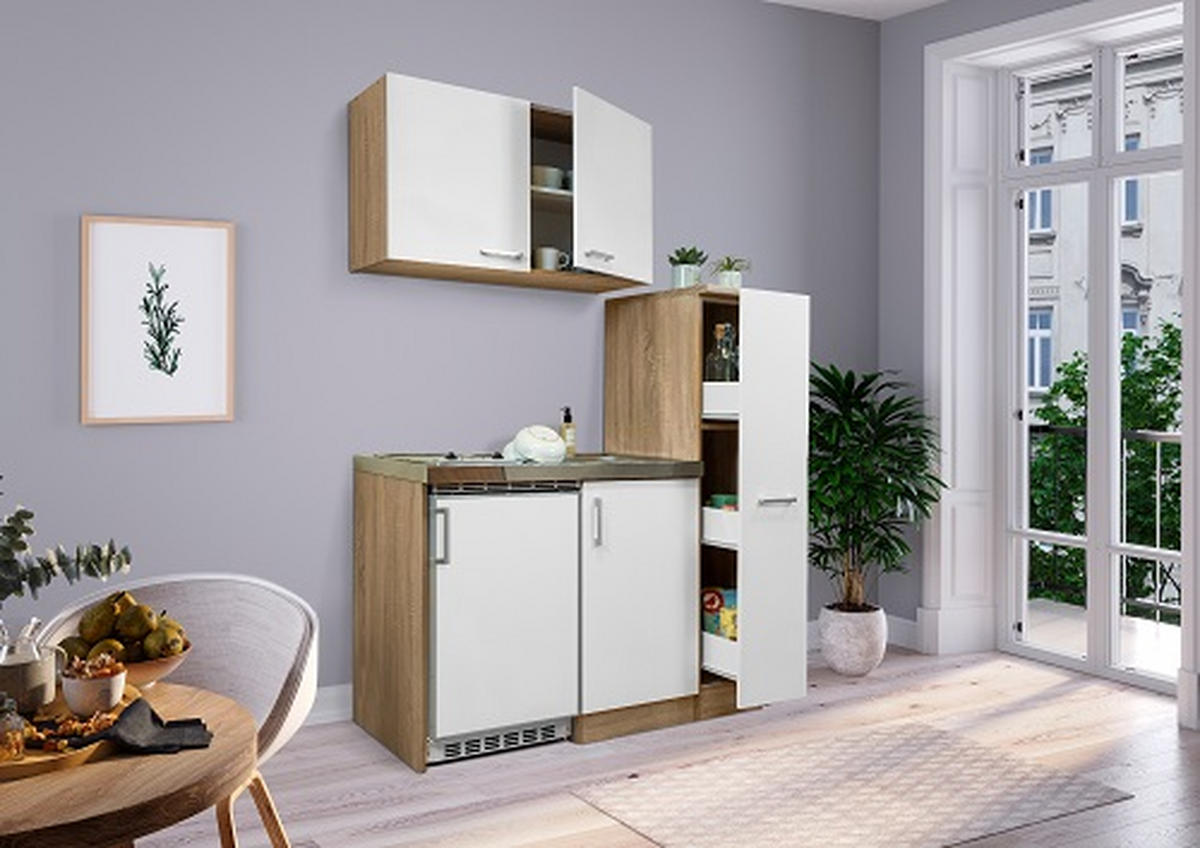 MINIKÜCHE 130 cm   in Weiß, Eichefarben  - Edelstahlfarben/Eichefarben, MODERN, Holzwerkstoff/Metall (130cm) - Respekta