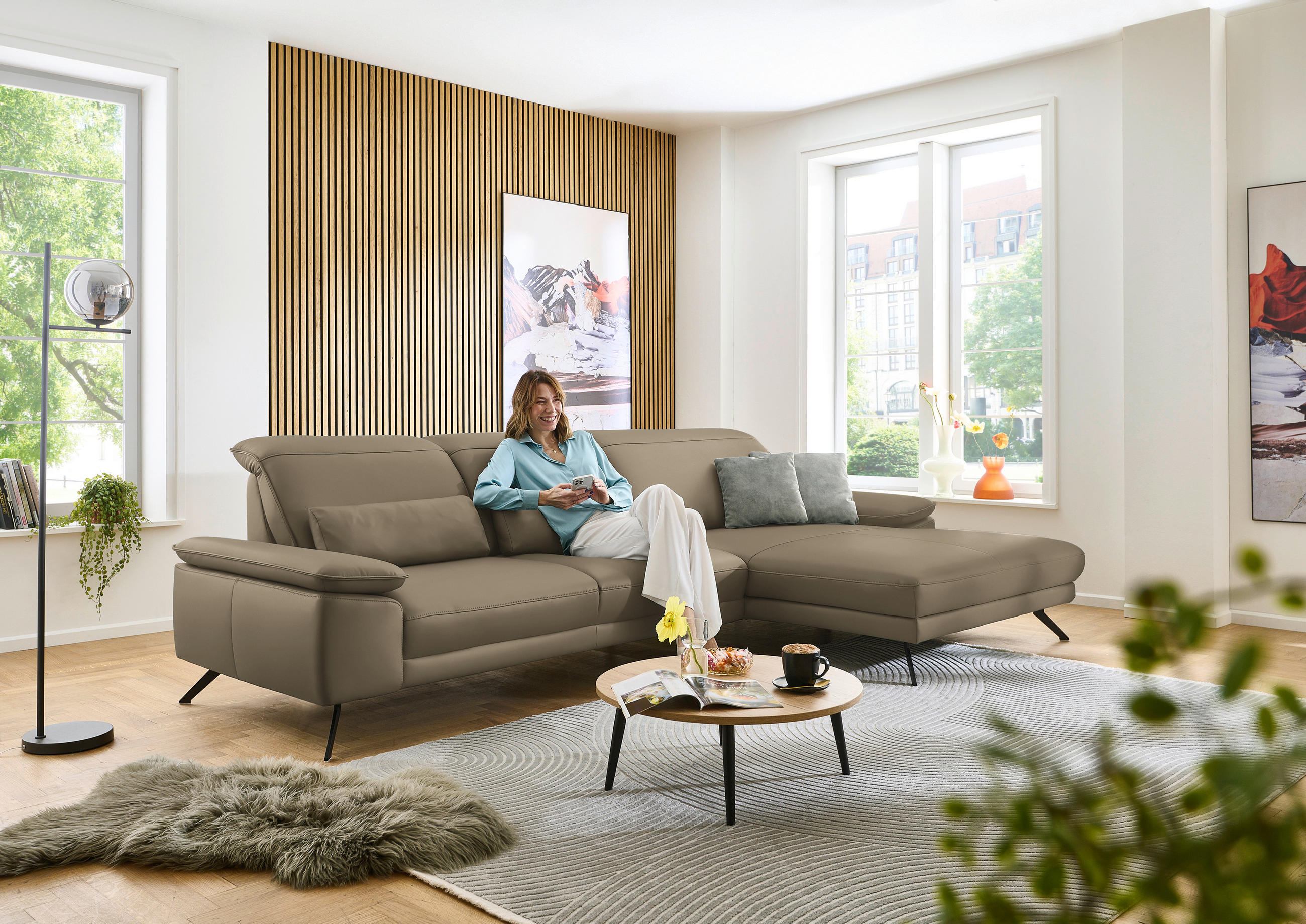 ECKSOFA in Echtleder Hellbraun  332/193 cm  - Hellbraun/Schwarz, Design, Leder/Metall (332/193cm) - Dieter Knoll