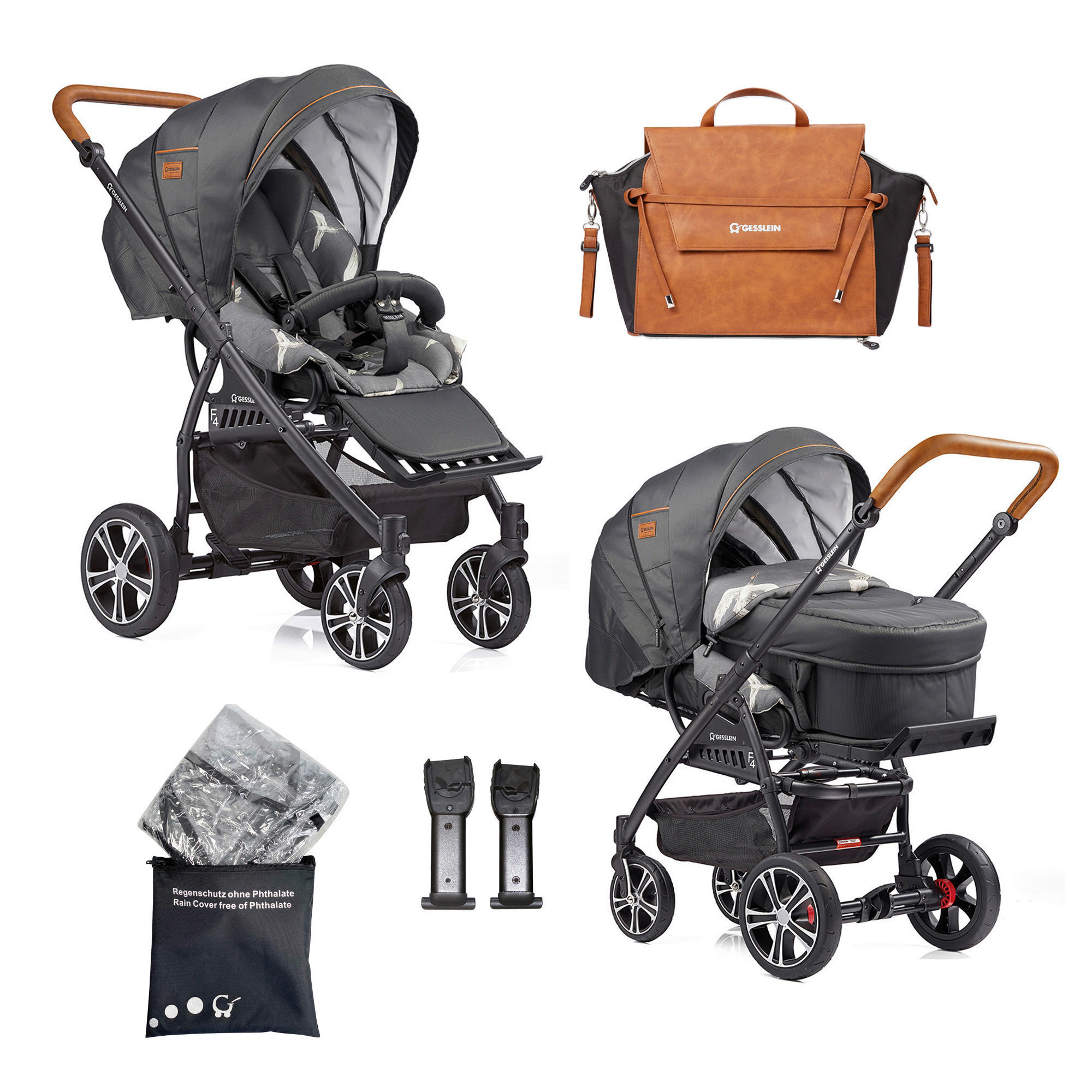KINDERWAGENSET F4 Air+  - Cognac/Schwarz, Basics, Textil/Metall (57/129/100cm) - Gesslein