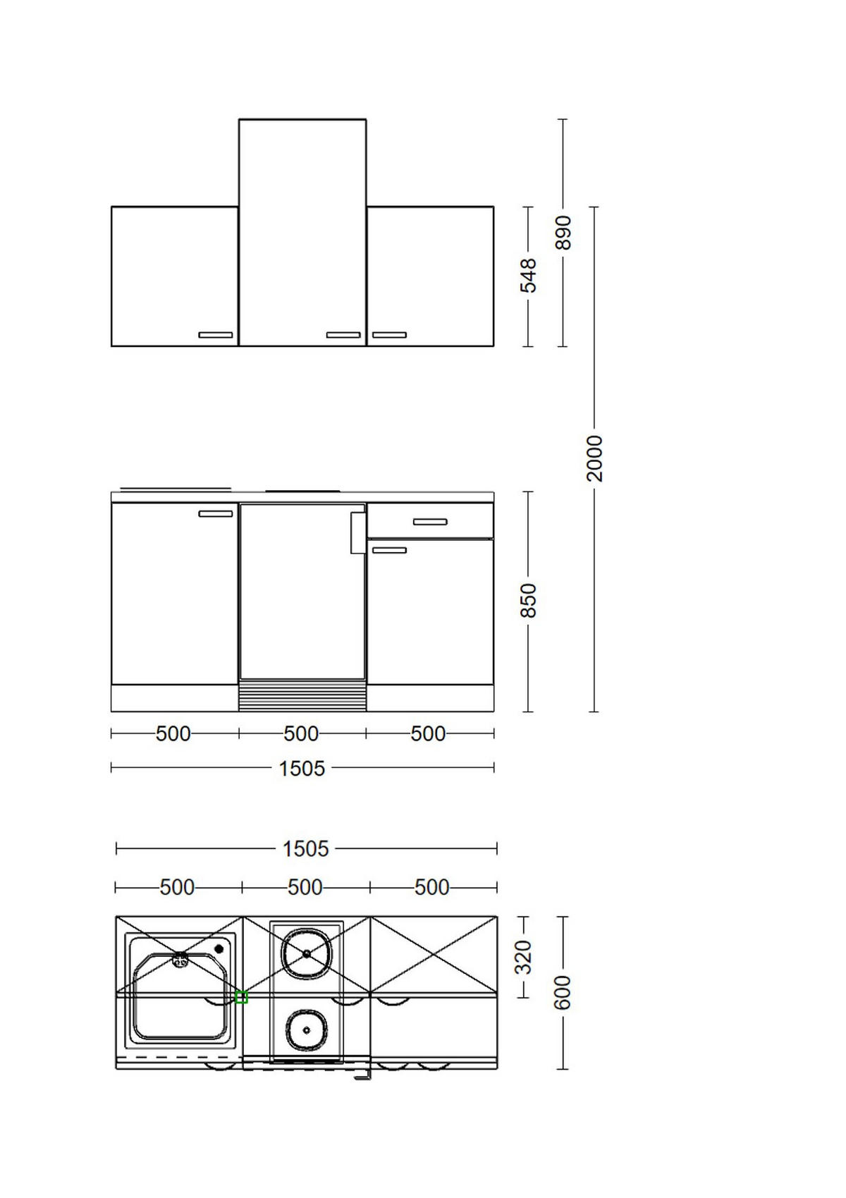 MINIKÜCHE 150 cm   in Buchefarben  - Edelstahlfarben/Beige, MODERN, Glas/Holzwerkstoff (150cm) - FlexWell