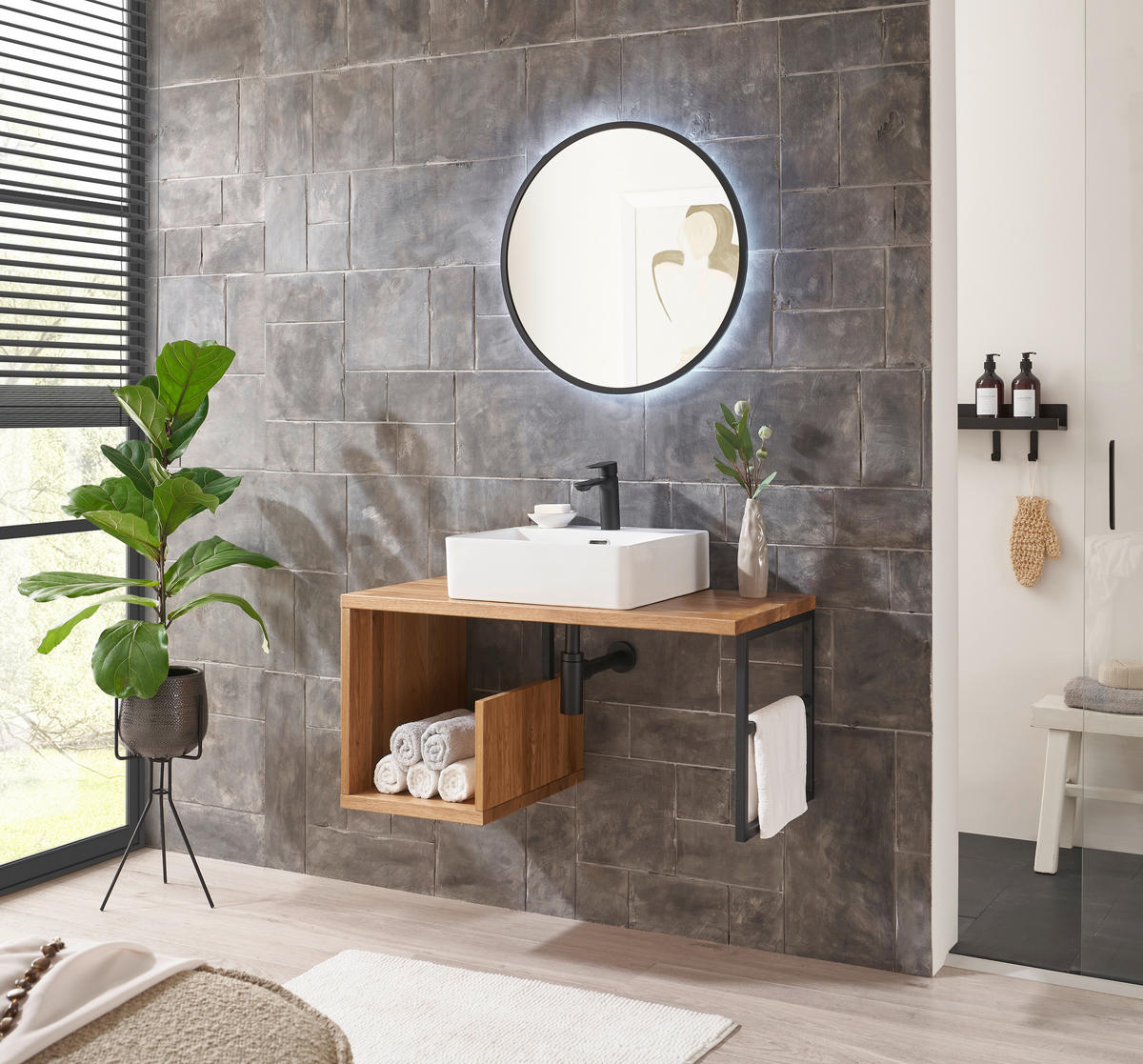 WASCHBECKENUNTERSCHRANK 90/45/47 cm  - Eichefarben/Schwarz, Natur, Holz/Metall (90/45/47cm) - Linea Natura