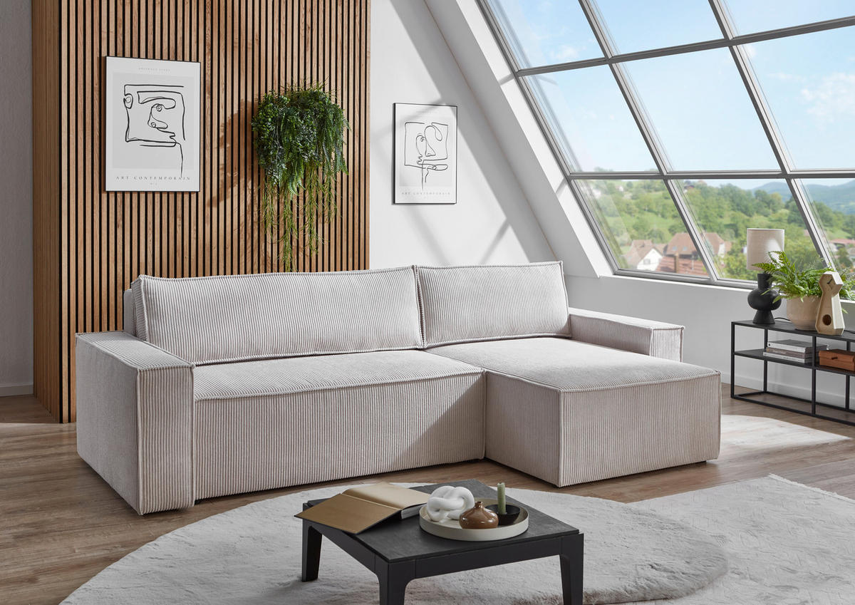 ECKSCHLAFSOFA Feincord Naturfarben  inkl. Rückenkissen, Bettkasten, Schlaffunktion, Rücken echt, Liegefläche im Originalstoff  - Schwarz/Naturfarben, MODERN, Kunststoff/Textil (266/150cm) - Carryhome