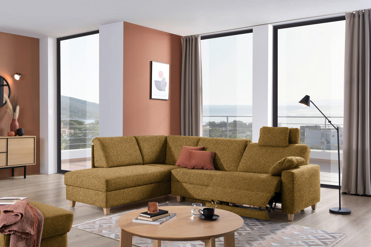 ECKSOFA  in Mikrovelours Senfgelb  203/261 cm  - Eichefarben/Senfgelb, KONVENTIONELL, Holz/Textil (203/261cm) - Sedda